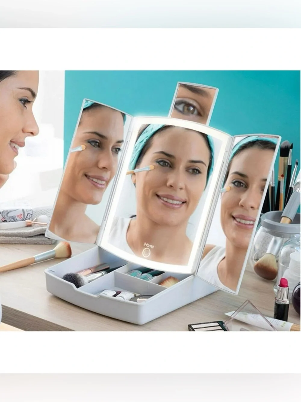 iHome Tri-Fold Lighted Vanity MakeUp Mirror with Storage Tray